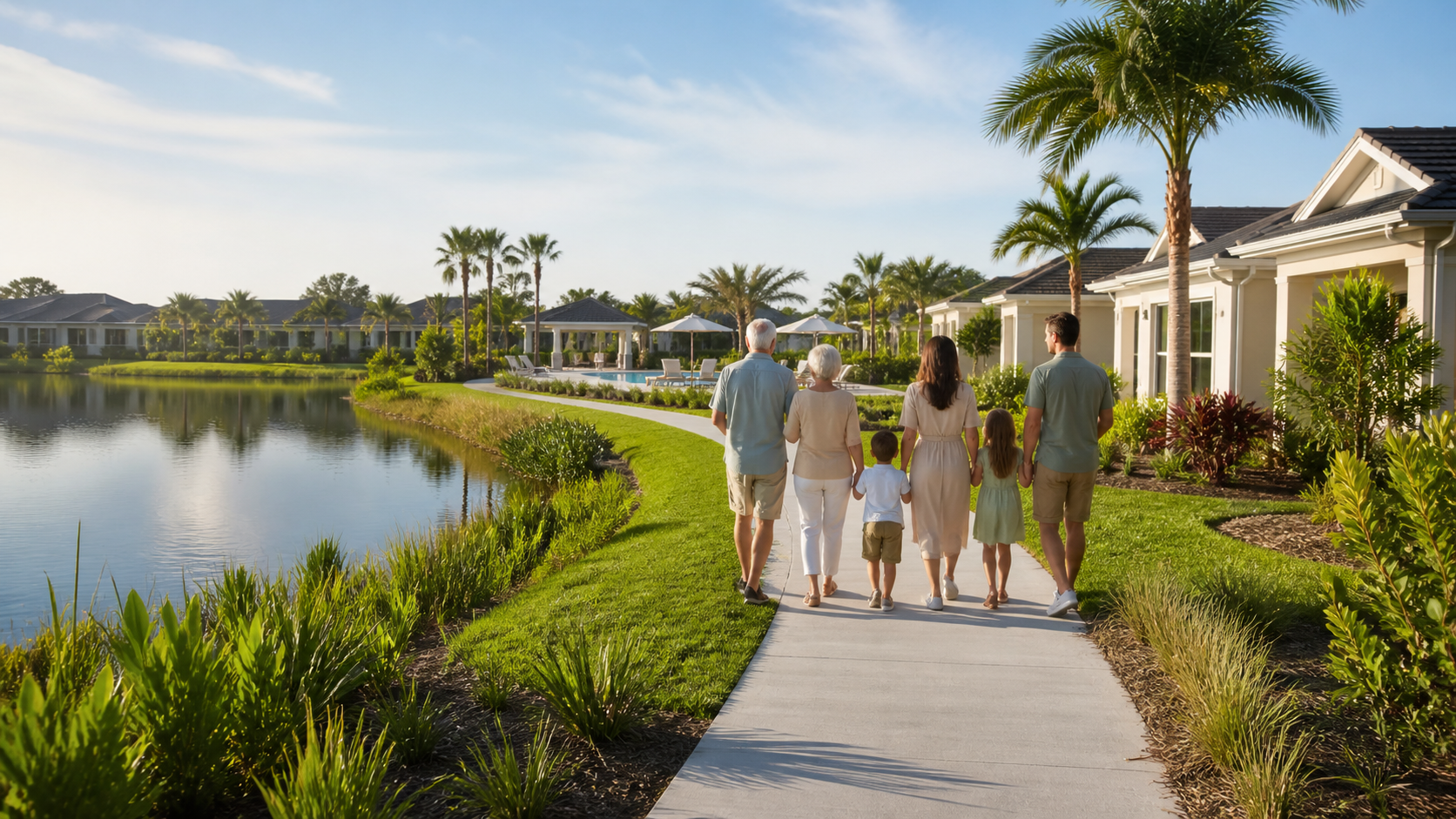 Familia caminando junto a un lago en una comunidad residencial de St. Cloud